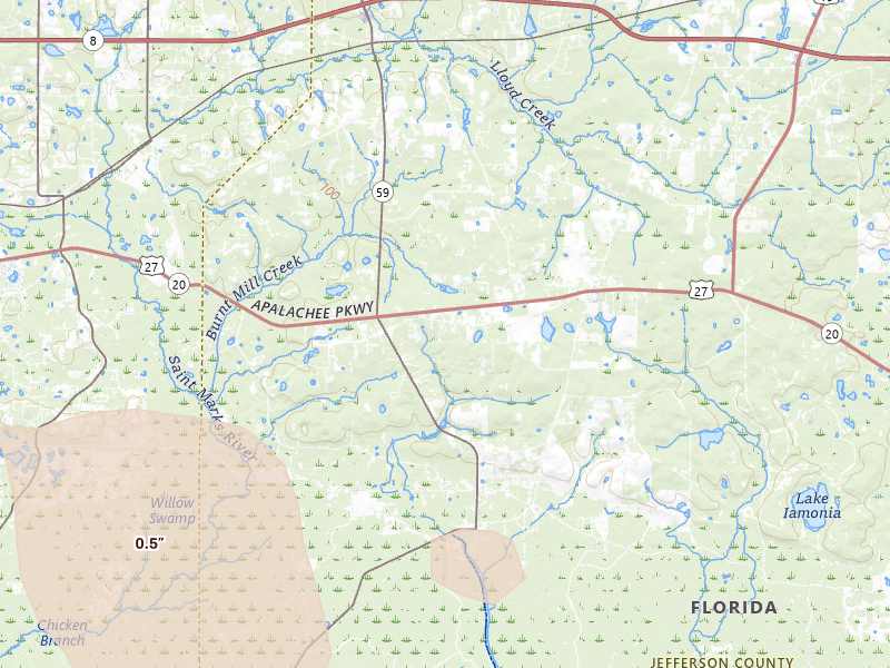 Radar-estimated hail-size map of the storm over Monticello, FL on Jul 29, 2026