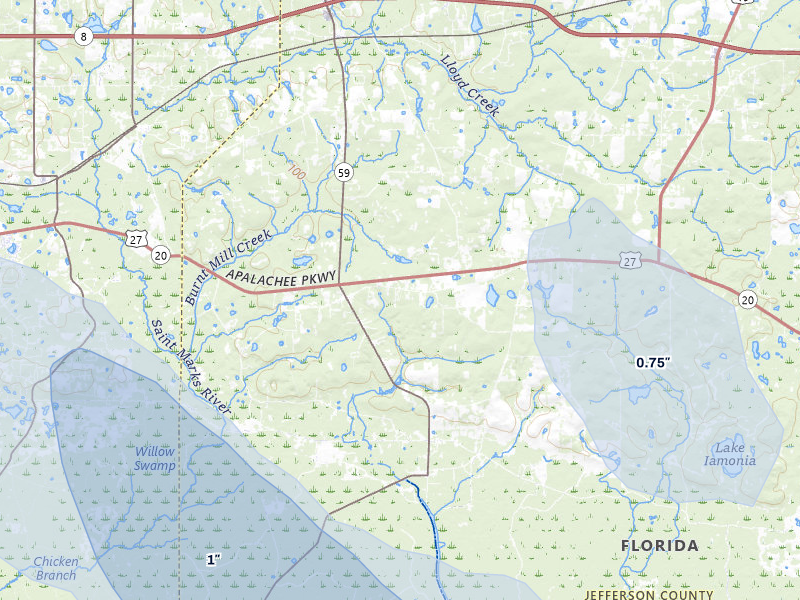 NEXRAD radar-signature map of the hail storm over Monticello, FL on Jul 29, 2026