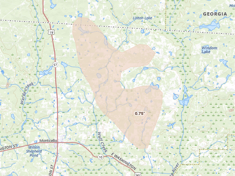 Radar-estimated hail-size map of the storm over Monticello, FL on Aug 22, 2026