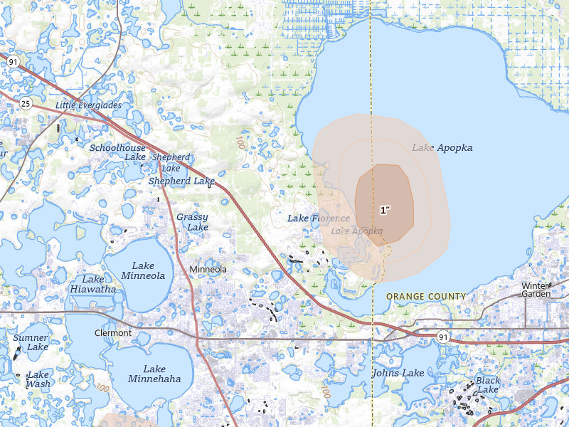 Radar-estimated hail-size map of the storm over Montverde, FL on Aug 19, 2026