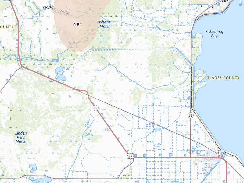 Radar-estimated hail-size map of the storm over Moore Haven, FL on Jun 24, 2026