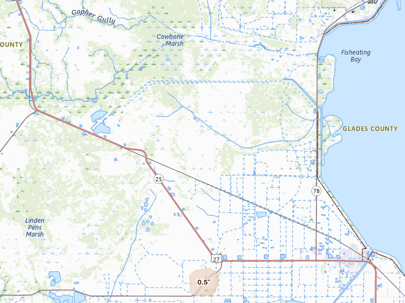 Radar-estimated hail-size map of the storm over Moore Haven, FL on Jul 4, 2026