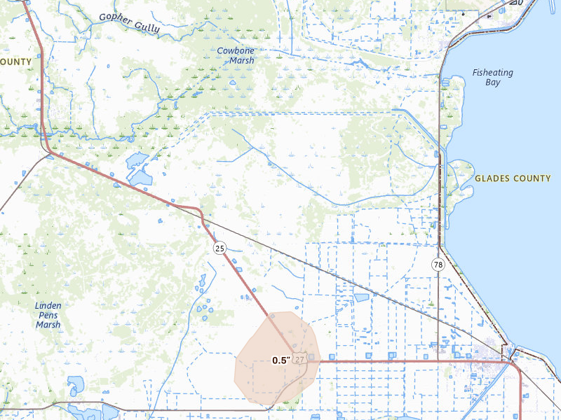 Radar-estimated hail-size map of the storm over Moore Haven, FL on Jul 12, 2026