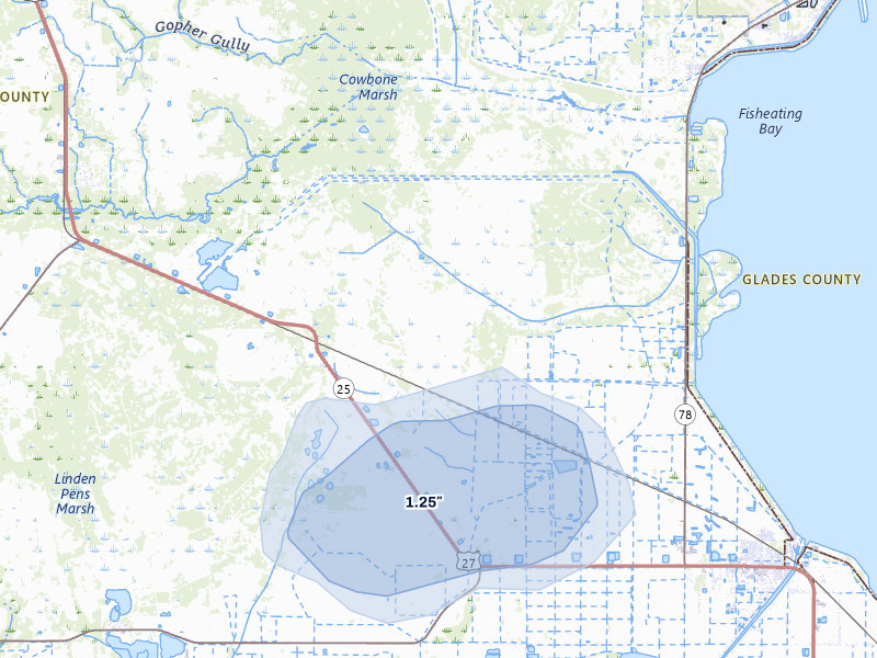 NEXRAD radar-signature map of the hail storm over Moore Haven, FL on Jul 12, 2026