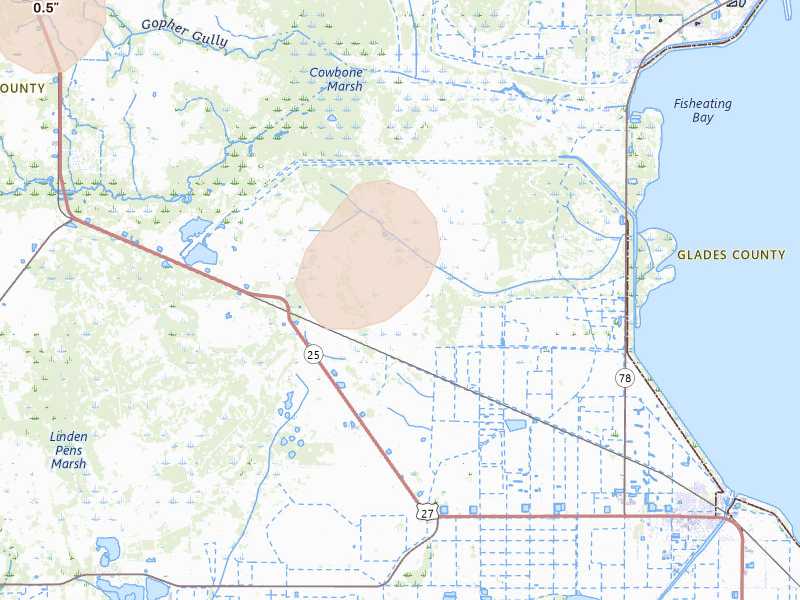 Radar-estimated hail-size map of the storm over Moore Haven, FL on Jul 25, 2026