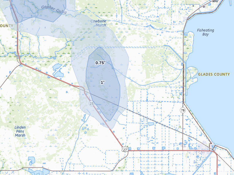 NEXRAD radar-signature map of the hail storm over Moore Haven, FL on Jul 25, 2026