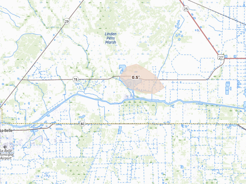 Radar-estimated hail-size map of the storm over Moore Haven, FL on Aug 8, 2026
