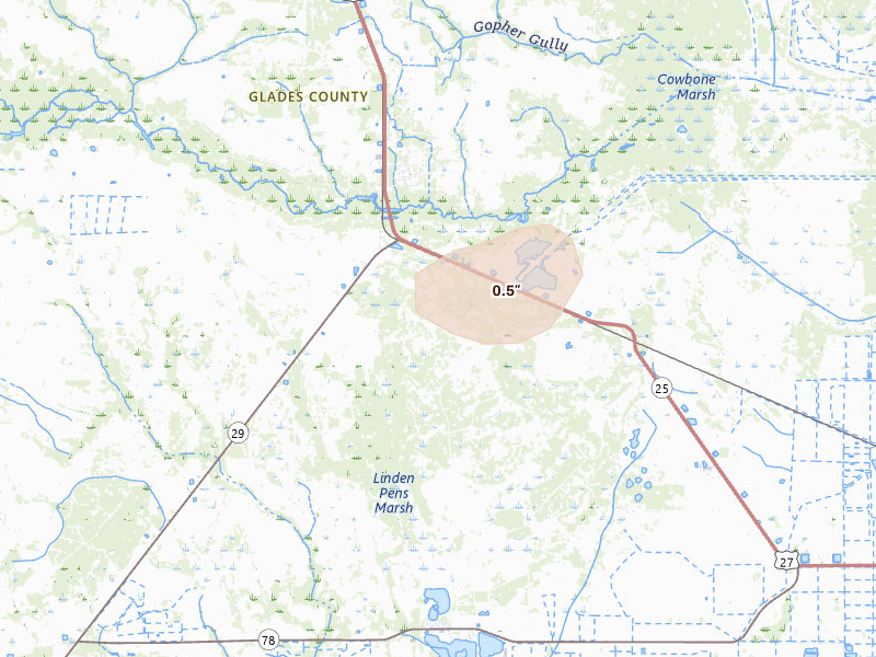 Radar-estimated hail-size map of the storm over Moore Haven, FL on Aug 24, 2026