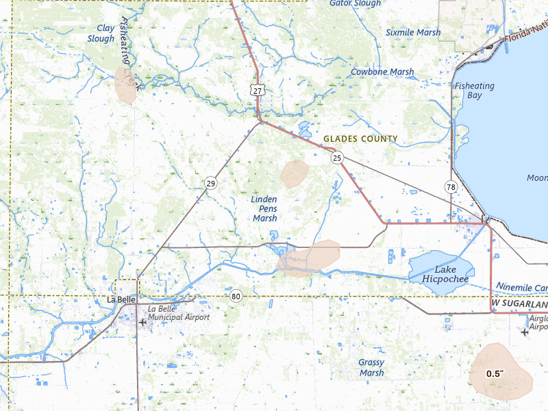 Radar-estimated hail-size map of the storm over Moore Haven, FL on Aug 26, 2026