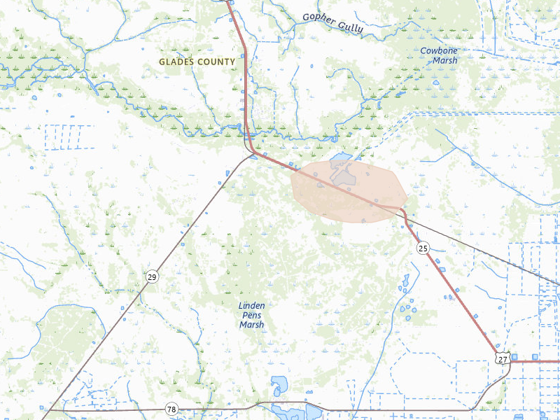 Radar-estimated hail-size map of the storm over Moore Haven, FL on Aug 29, 2026