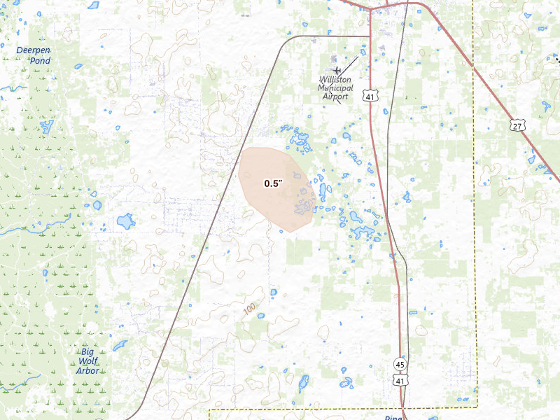 Radar-estimated hail-size map of the storm over Morriston, FL on Aug 19, 2026