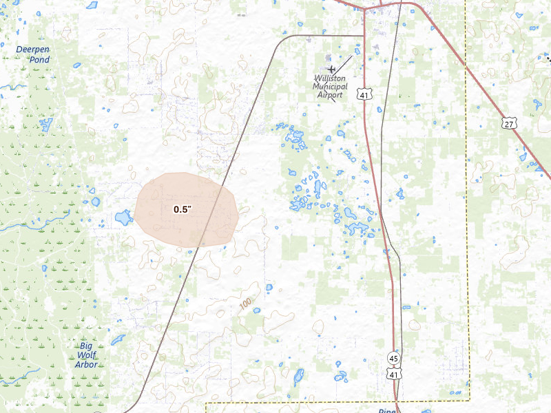 Radar-estimated hail-size map of the storm over Morriston, FL on Aug 20, 2026