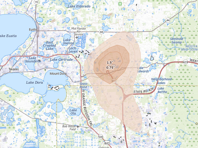Radar-estimated hail-size map of the storm over Mount Dora, FL on Jun 27, 2026