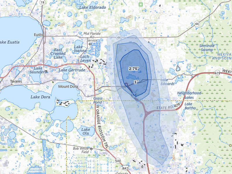 NEXRAD radar-signature map of the hail storm over Mount Dora, FL on Jun 27, 2026