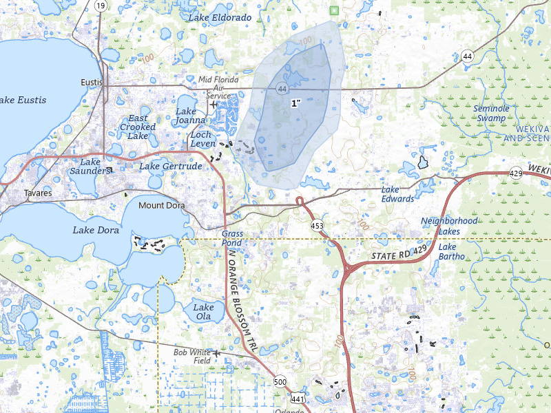 NEXRAD radar-signature map of the hail over Mount Dora, FL