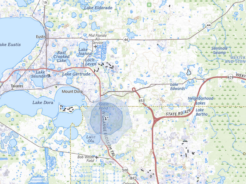 NEXRAD radar-signature map of the hail storm over Mount Dora, FL on Jul 6, 2026