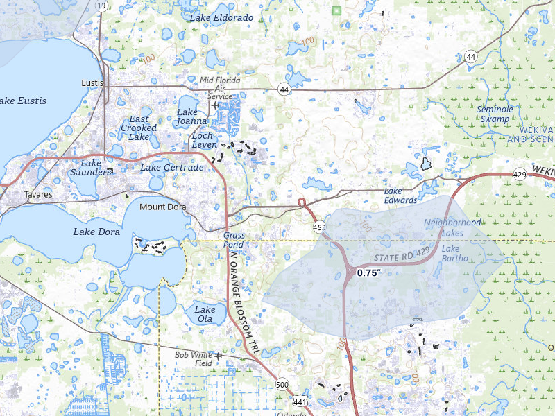 NEXRAD radar-signature map of the hail storm over Mount Dora, FL on Jul 30, 2026