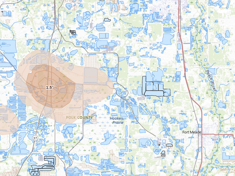 Radar-estimated hail-size map of the storm over Mulberry, FL on Jun 26, 2026