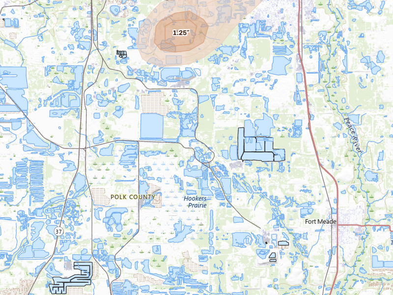 Radar-estimated hail-size map of the storm over Mulberry, FL on Jul 8, 2026