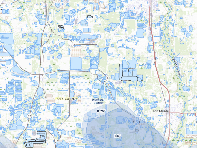 NEXRAD radar-signature map of the hail storm over Mulberry, FL on Jul 10, 2026