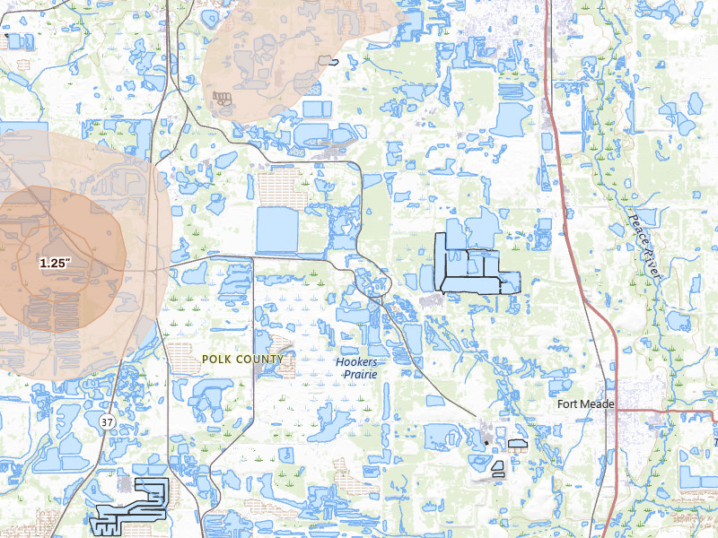 Radar-estimated hail-size map of the storm over Mulberry, FL on Jul 25, 2026