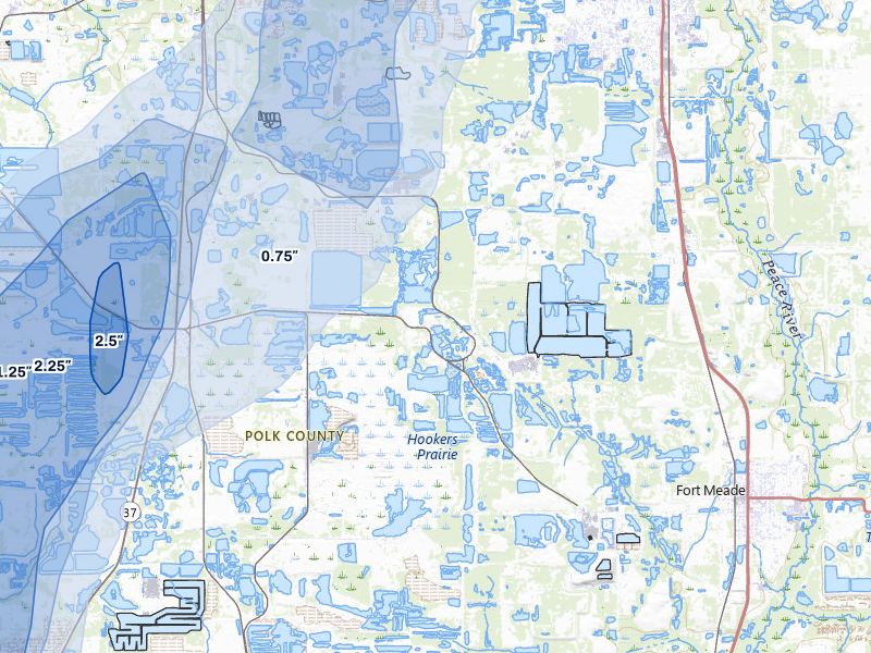 NEXRAD radar-signature map of the hail storm over Mulberry, FL on Jul 25, 2026