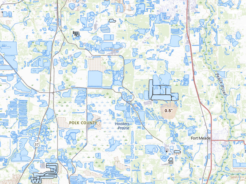 Radar-estimated hail-size map of the storm over Mulberry, FL on Aug 11, 2026
