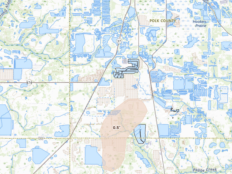 Radar-estimated hail-size map of the storm over Mulberry, FL on Aug 21, 2026