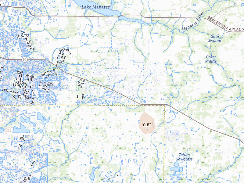 Radar-estimated hail-size map of the storm over Myakka City, FL on Mar 7, 2026
