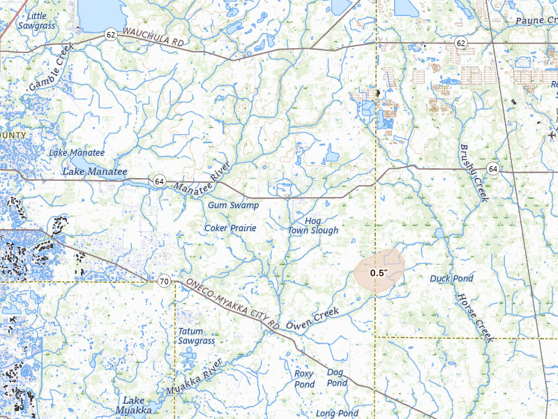 Radar-estimated hail-size map of the storm over Myakka City, FL on May 21, 2026