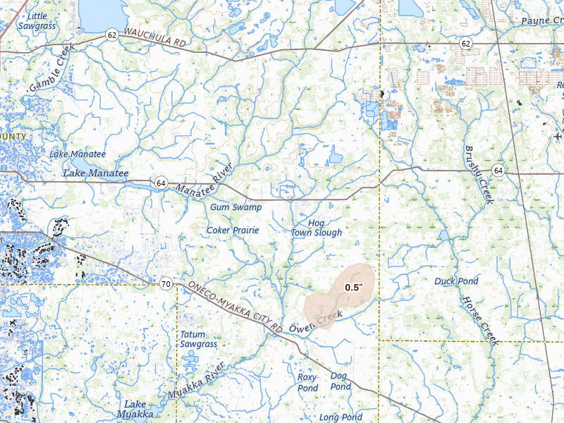 Radar-estimated hail-size map of the storm over Myakka City, FL on May 23, 2026