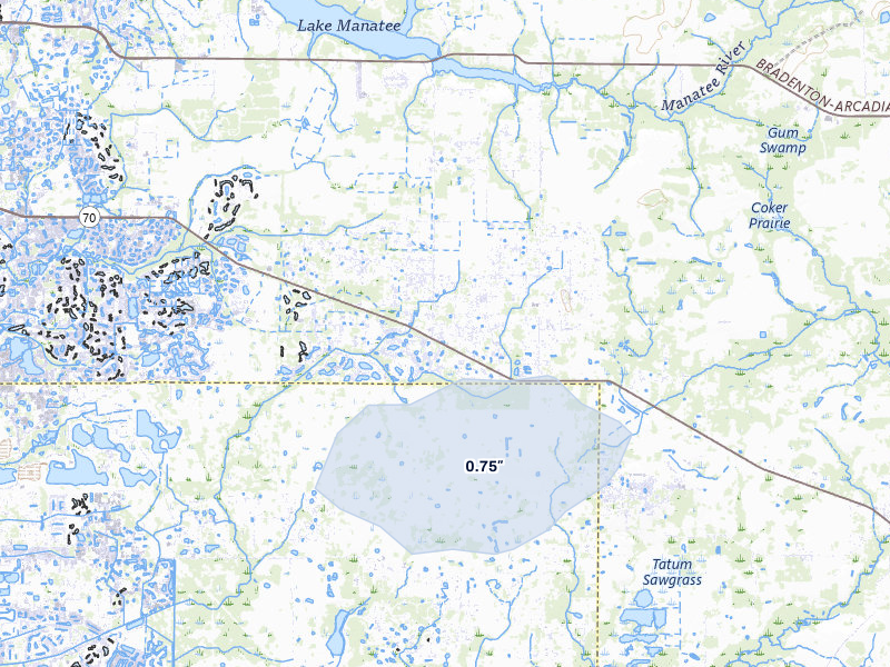 NEXRAD radar-signature map of the hail storm over Myakka City, FL on Jul 1, 2026