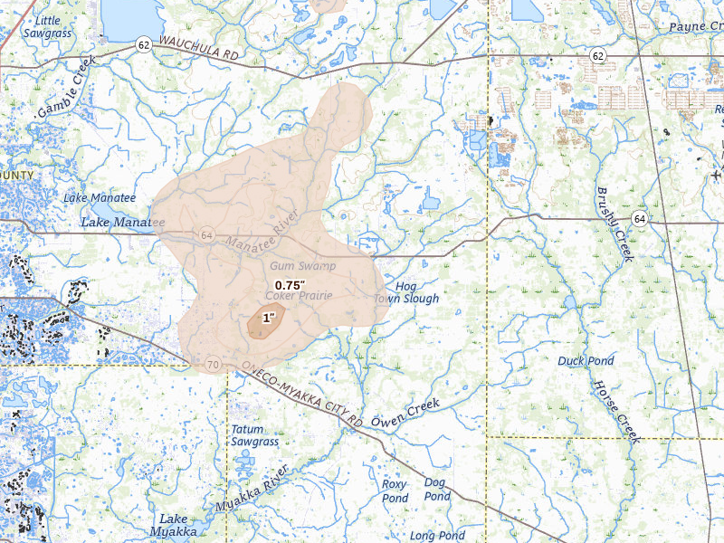 Radar-estimated hail-size map of the storm over Myakka City, FL on Jul 10, 2026