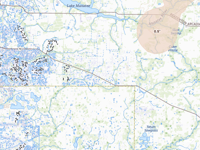 Radar-estimated hail-size map of the storm over Myakka City, FL on Jul 13, 2026