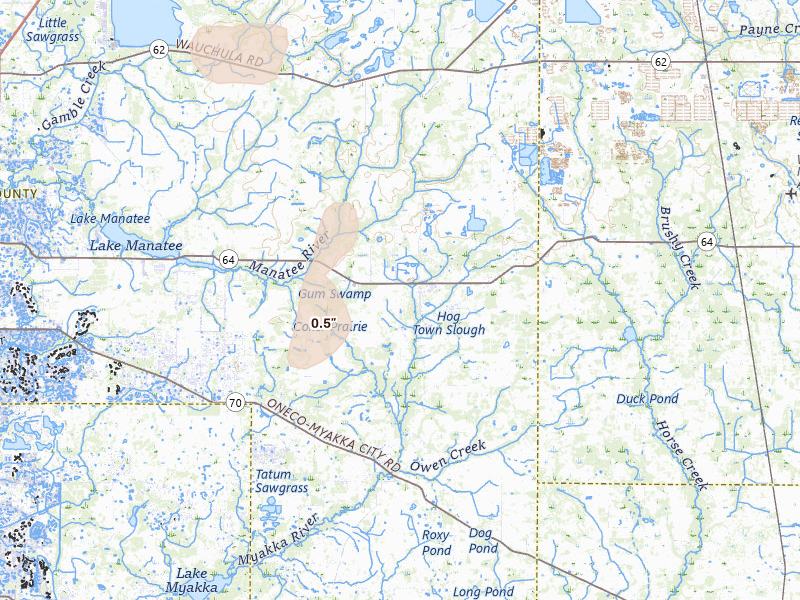 Radar-estimated hail-size map of the storm over Myakka City, FL on Jul 14, 2026