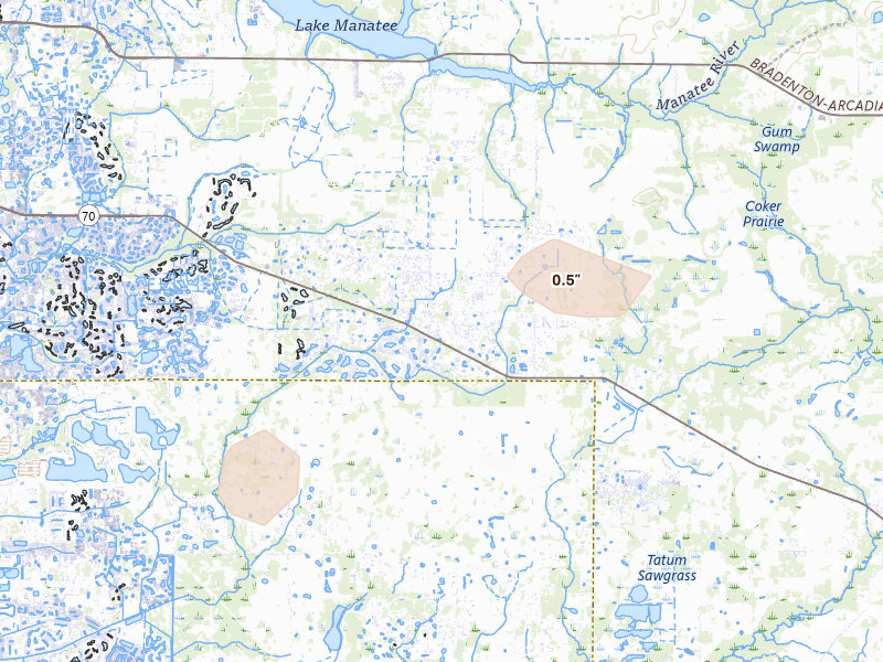 Radar-estimated hail-size map of the storm over Myakka City, FL on Aug 14, 2026