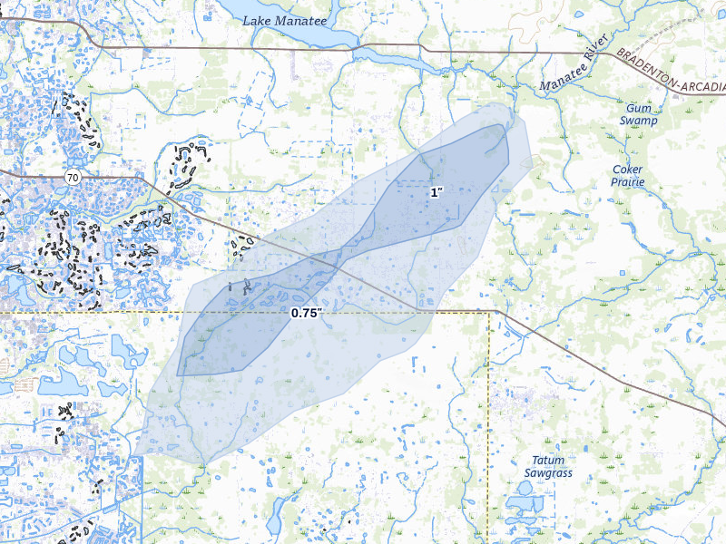 NEXRAD radar-signature map of the hail storm over Myakka City, FL on Aug 14, 2026