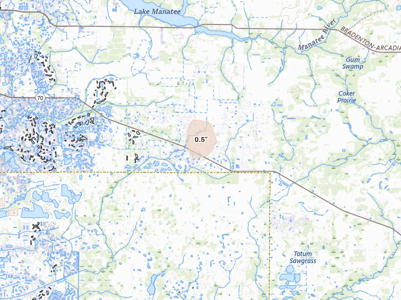 Radar-estimated hail-size map of the storm over Myakka City, FL on Aug 19, 2026