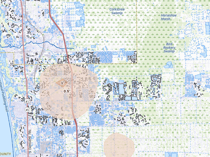 Radar-estimated hail-size map of the storm over Naples, FL on May 17, 2026