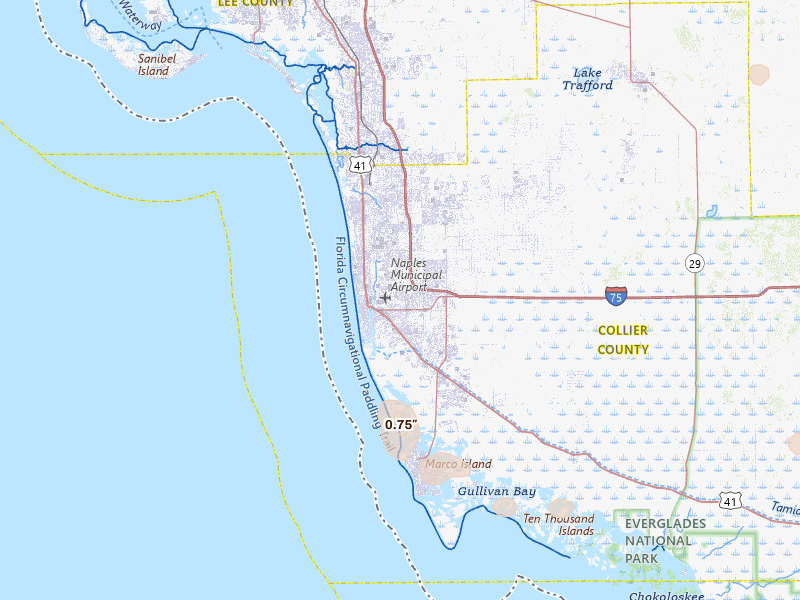 Radar-estimated hail-size map of the storm over Naples, FL on May 18, 2026