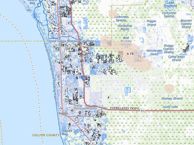Radar-estimated hail-size map of the storm over Naples, FL on May 21, 2026