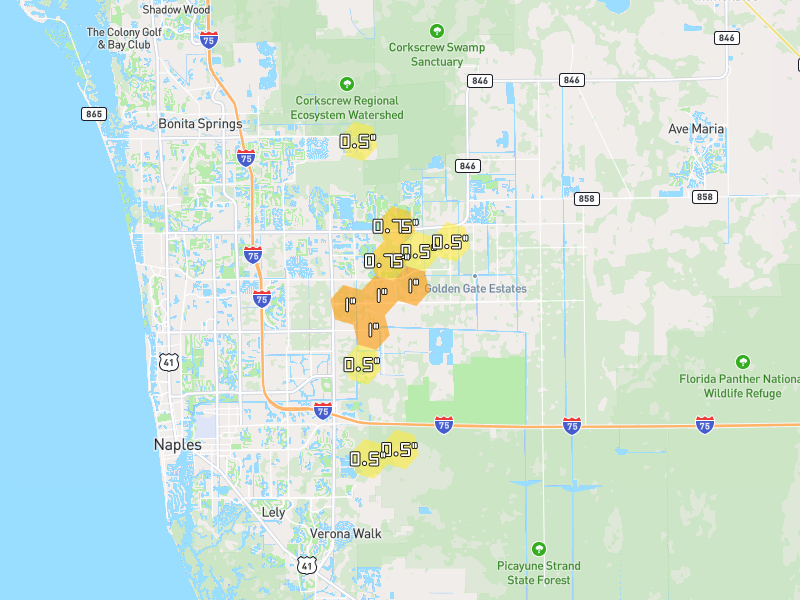 Hail map of Naples, FL on Jun 30, 2026, hail up to 1"