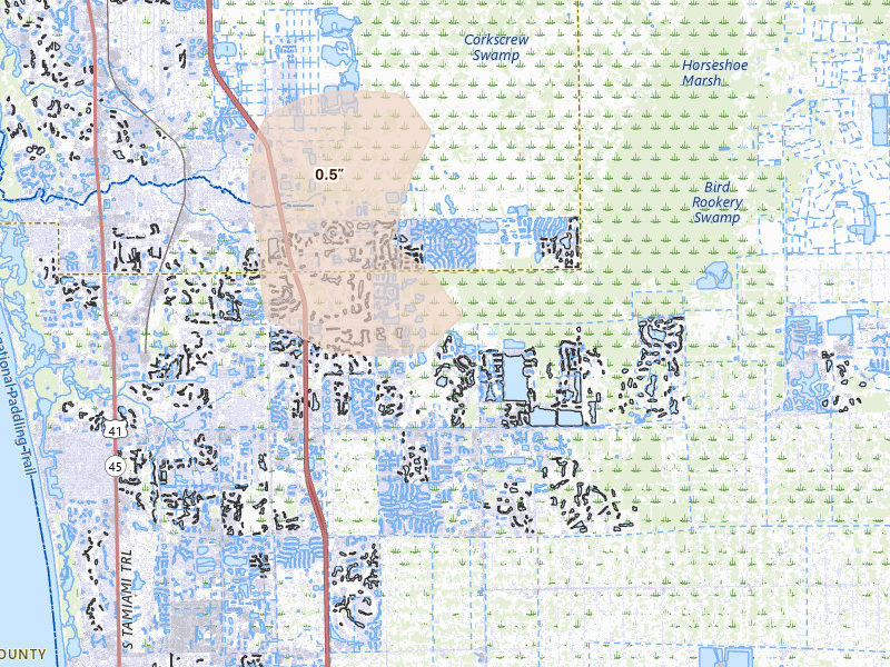 Radar-estimated hail-size map of the storm over Naples, FL on Jul 9, 2026