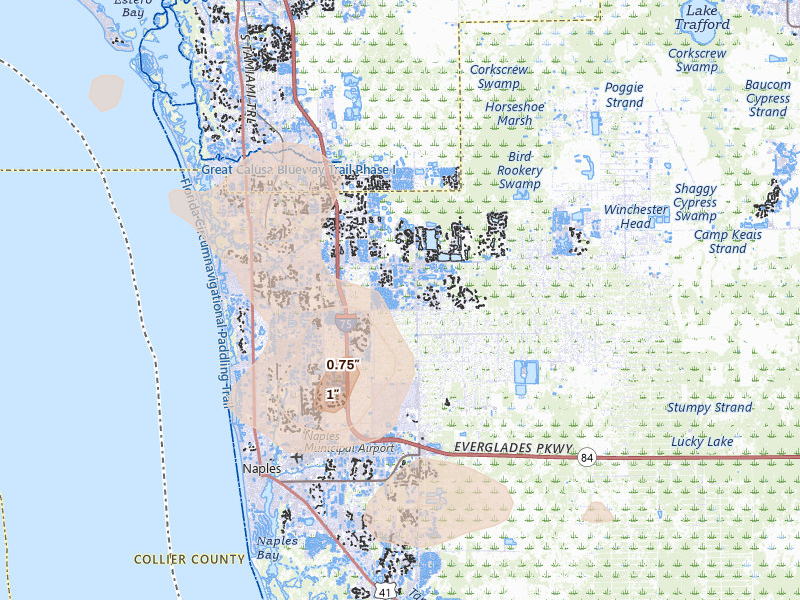 Radar-estimated hail-size map of the storm over Naples, FL on Jul 10, 2026