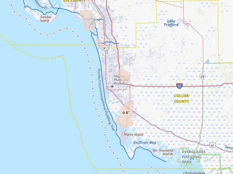 Radar-estimated hail-size map of the storm over Naples, FL on Aug 5, 2026