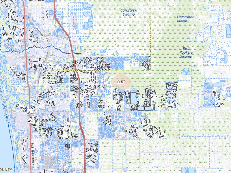 Radar-estimated hail-size map of the storm over Naples, FL on Aug 13, 2026