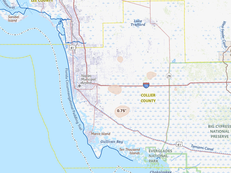 Radar-estimated hail-size map of the storm over Naples, FL on Aug 15, 2026