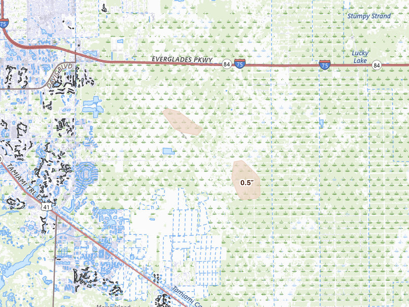Radar-estimated hail-size map of the storm over Naples, FL on Aug 25, 2026