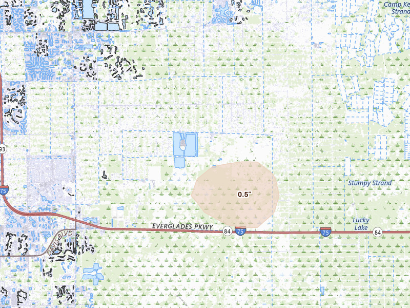 Radar-estimated hail-size map of the storm over Naples, FL on Aug 28, 2026