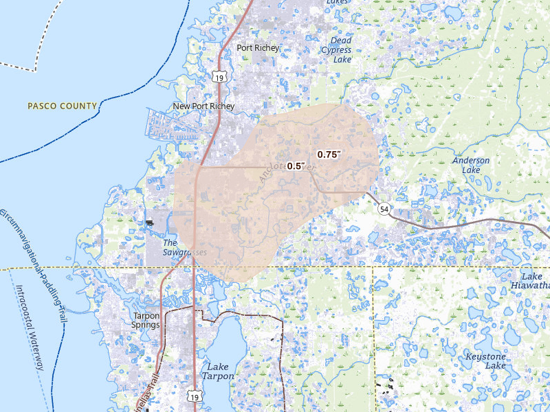 Radar-estimated hail-size map of the storm over New Port Richey, FL on Aug 19, 2026